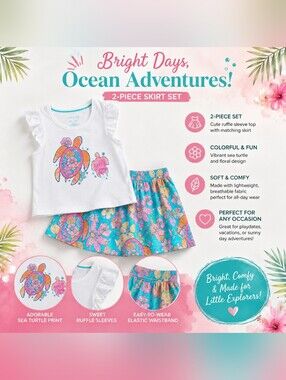 Ocean Adventures Sea Turtle 2-Piece Skirt Set - White & Turquoise